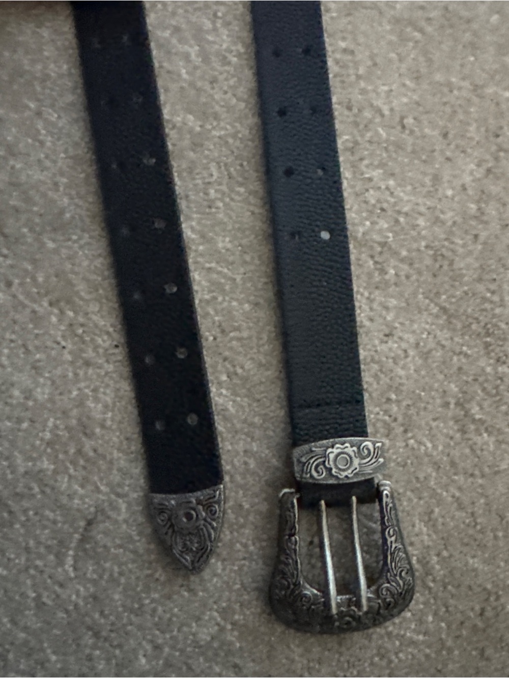 Black Men's Leather Belt with Ornate Silver Buckle